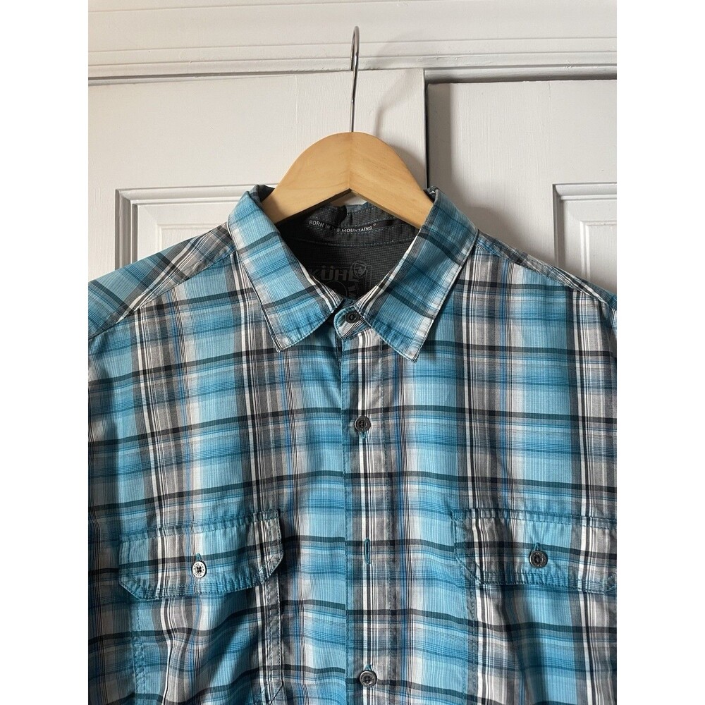 KUHL Eluxur Ionik Men's Large Plaid Short Sleeve Button Up Shirt Blue Gray